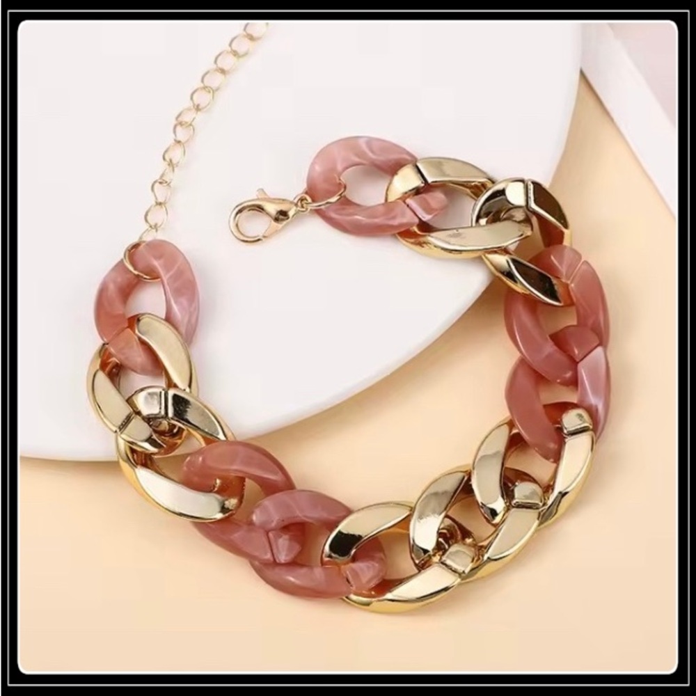 NEW GOLD & PINK SWIRL STATEMENT CHAIN LINK BRACELET